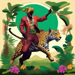 A vibrant, high-quality digital art piece showcasing Saci-Pererê, a one-legged trickster from Brazilian folklore, merrily riding a detailed jaguar