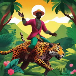 A vibrant, high-quality digital art piece showcasing Saci-Pererê, a one-legged trickster from Brazilian folklore, merrily riding a detailed jaguar