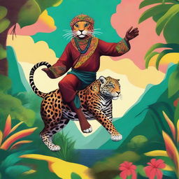 A vibrant, high-quality digital art piece showcasing Saci-Pererê, a one-legged trickster from Brazilian folklore, merrily riding a detailed jaguar