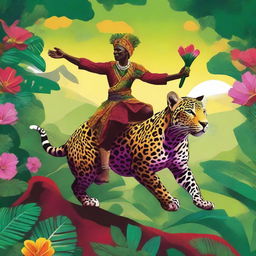 A vibrant, high-quality digital art piece showcasing Saci-Pererê, a one-legged trickster from Brazilian folklore, merrily riding a detailed jaguar