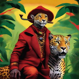 A captivating digital painting showcasing the Saci Pererê, an iconic figure from Brazilian folklore, with a pipe in his mouth and riding a jaguar