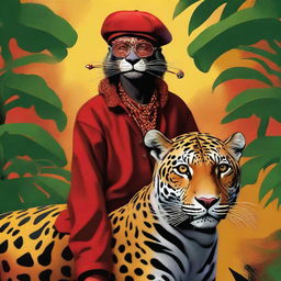 A captivating digital painting showcasing the Saci Pererê, an iconic figure from Brazilian folklore, with a pipe in his mouth and riding a jaguar