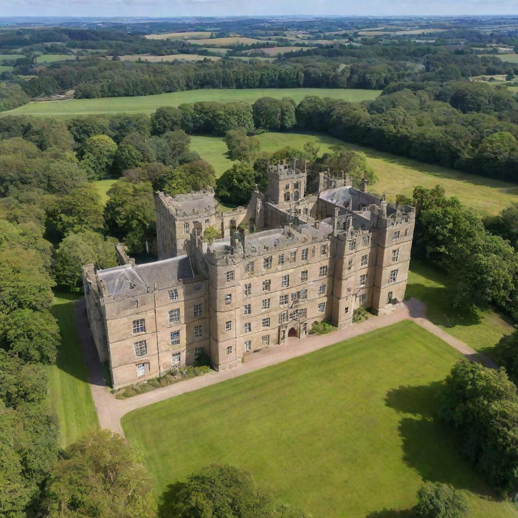 Generate an image of the historical Newbattle Abbey situated amidst lush green fields under a bright blue sky.