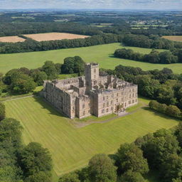 Generate an image of the historical Newbattle Abbey situated amidst lush green fields under a bright blue sky.