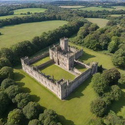 Generate an image of the historical Newbattle Abbey situated amidst lush green fields under a bright blue sky.