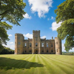 Generate an image of the historical Newbattle Abbey situated amidst lush green fields under a bright blue sky.