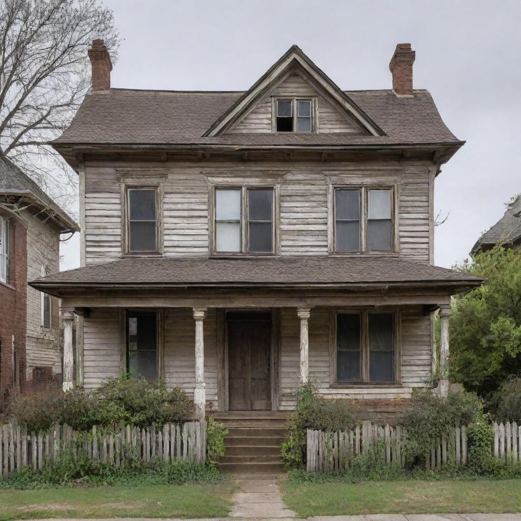 A house that's 100 years old, weathered but standing strong, with an architectural style indicative of its time period