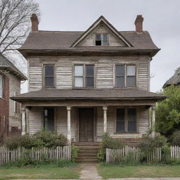 A house that's 100 years old, weathered but standing strong, with an architectural style indicative of its time period