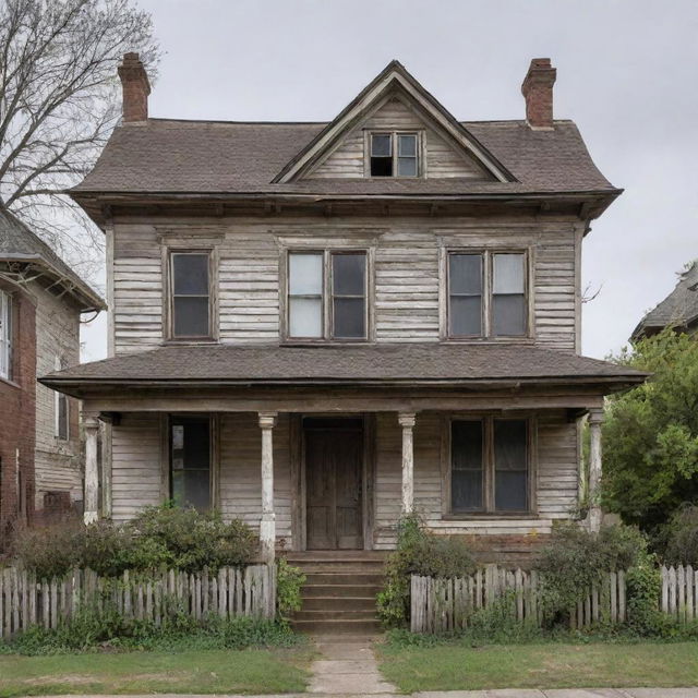 A house that's 100 years old, weathered but standing strong, with an architectural style indicative of its time period