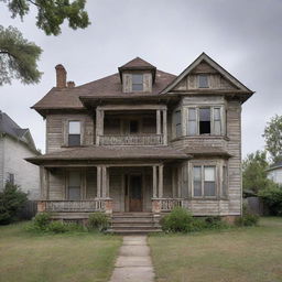 A house that's 100 years old, weathered but standing strong, with an architectural style indicative of its time period