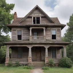 A house that's 100 years old, weathered but standing strong, with an architectural style indicative of its time period