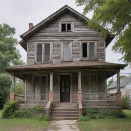 A house that's 100 years old, weathered but standing strong, with an architectural style indicative of its time period