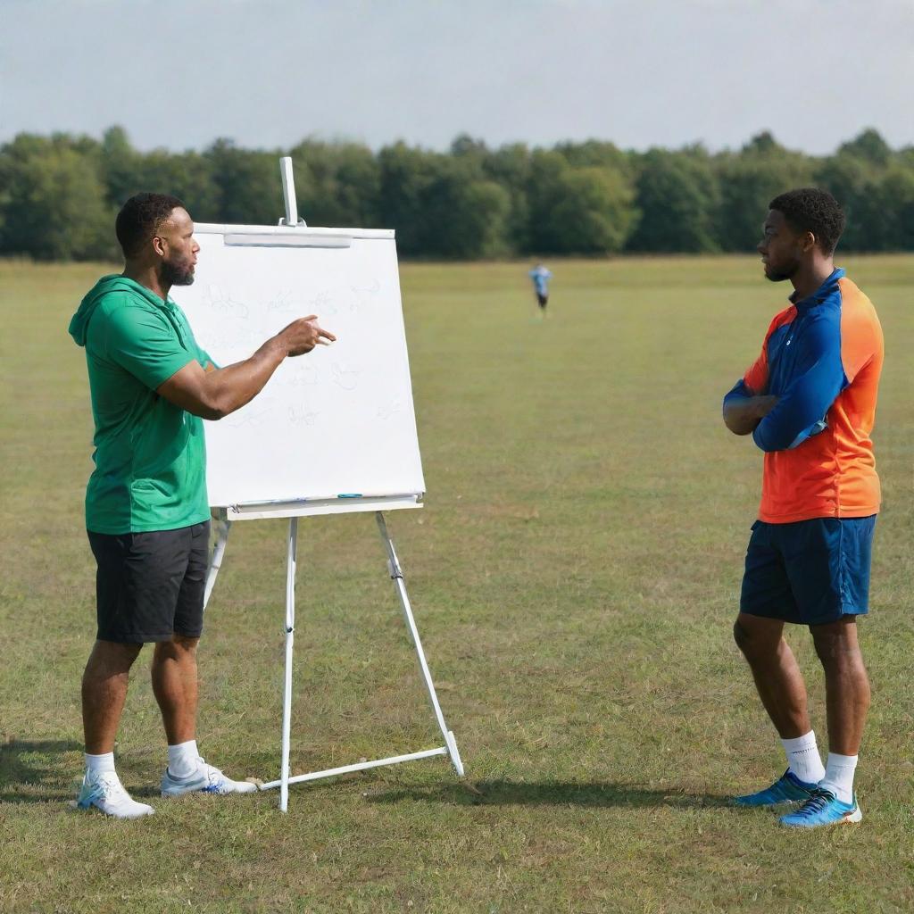 A dynamic sports coach in action, planning strategies on a white board while standing in a field. Athletes in colorful sports gear are listening attentively.