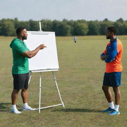 A dynamic sports coach in action, planning strategies on a white board while standing in a field. Athletes in colorful sports gear are listening attentively.