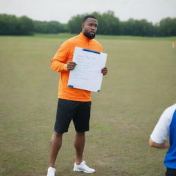 A dynamic sports coach in action, planning strategies on a white board while standing in a field. Athletes in colorful sports gear are listening attentively.