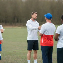 A dynamic sports coach in action, planning strategies on a white board while standing in a field. Athletes in colorful sports gear are listening attentively.