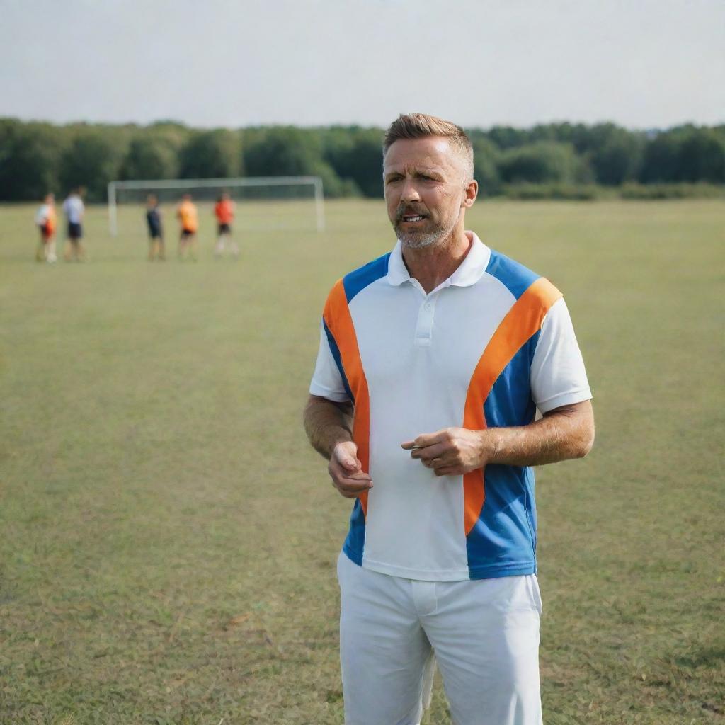 A dynamic sports coach in action, planning strategies on a white board while standing in a field. Athletes in colorful sports gear are listening attentively.