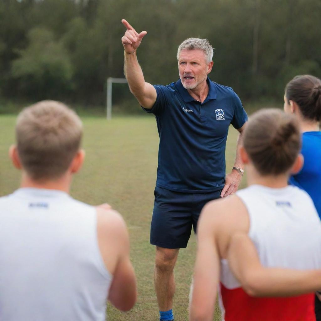 A sports coach passionately guiding a group of athletes, fostering their mental potential as they engage in their respective sporting activity