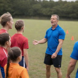 A sports coach passionately guiding a group of athletes, fostering their mental potential as they engage in their respective sporting activity