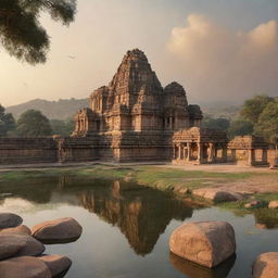 Generate an image of Hampi, the birthplace of Hanuman, depicted in a serene and historically accurate setting, highlighting its natural beauty and cultural significance.