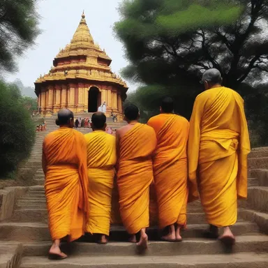 The devotees climbed uphill to the sacred temple, believing that it brought them closer to enlightenment.
