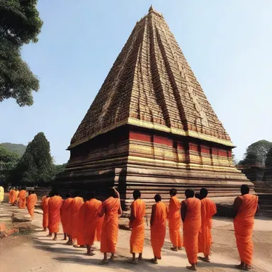 The devotees climbed uphill to the sacred temple, believing that it brought them closer to enlightenment.