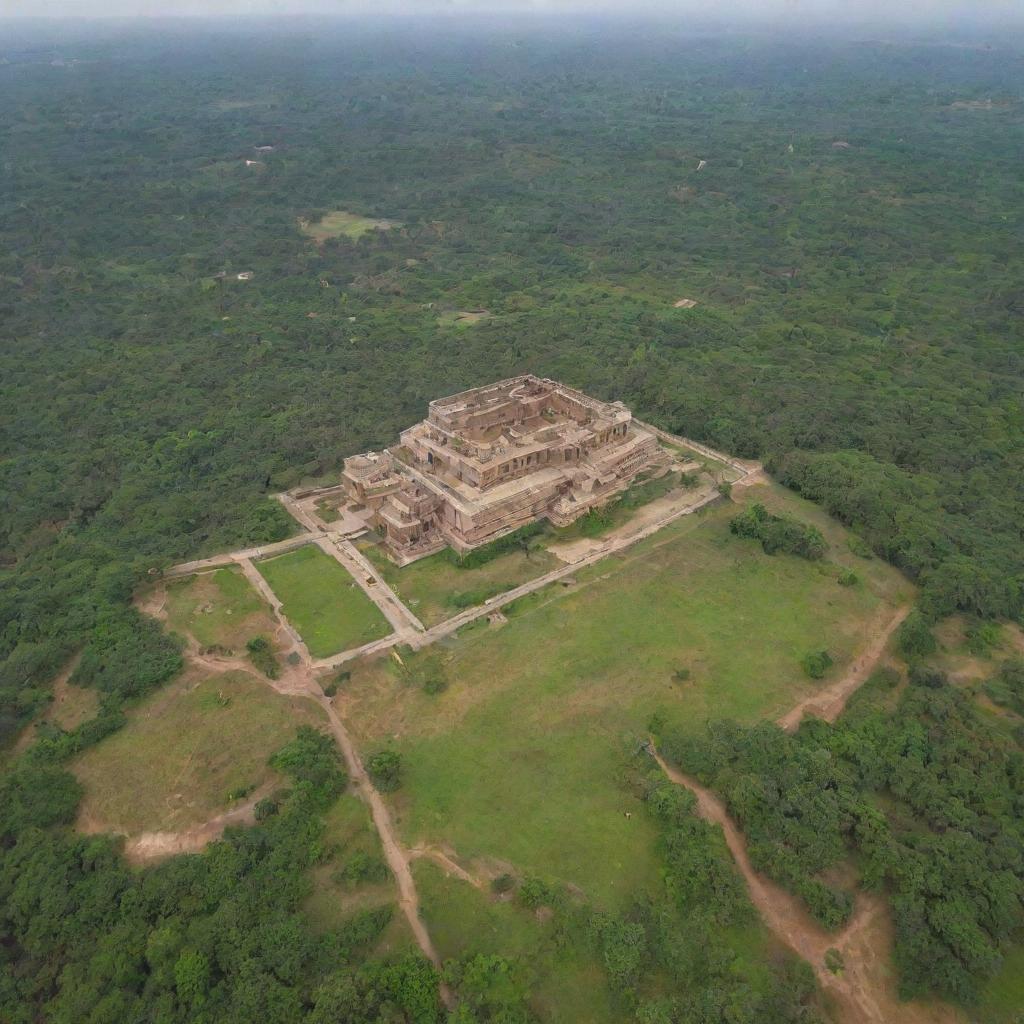 Arial view of Kishkinda, Hampi, showcasing its ancient structures amidst lush greenery