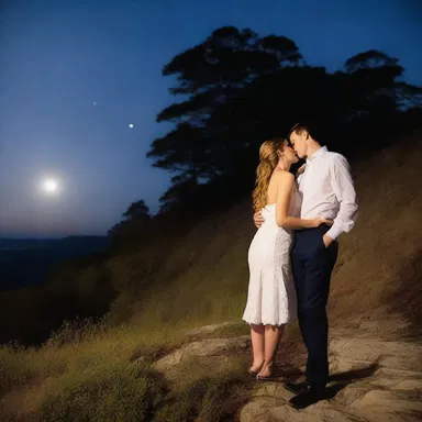 Climbing uphill under the moonlight, the couple shared a romantic moment.