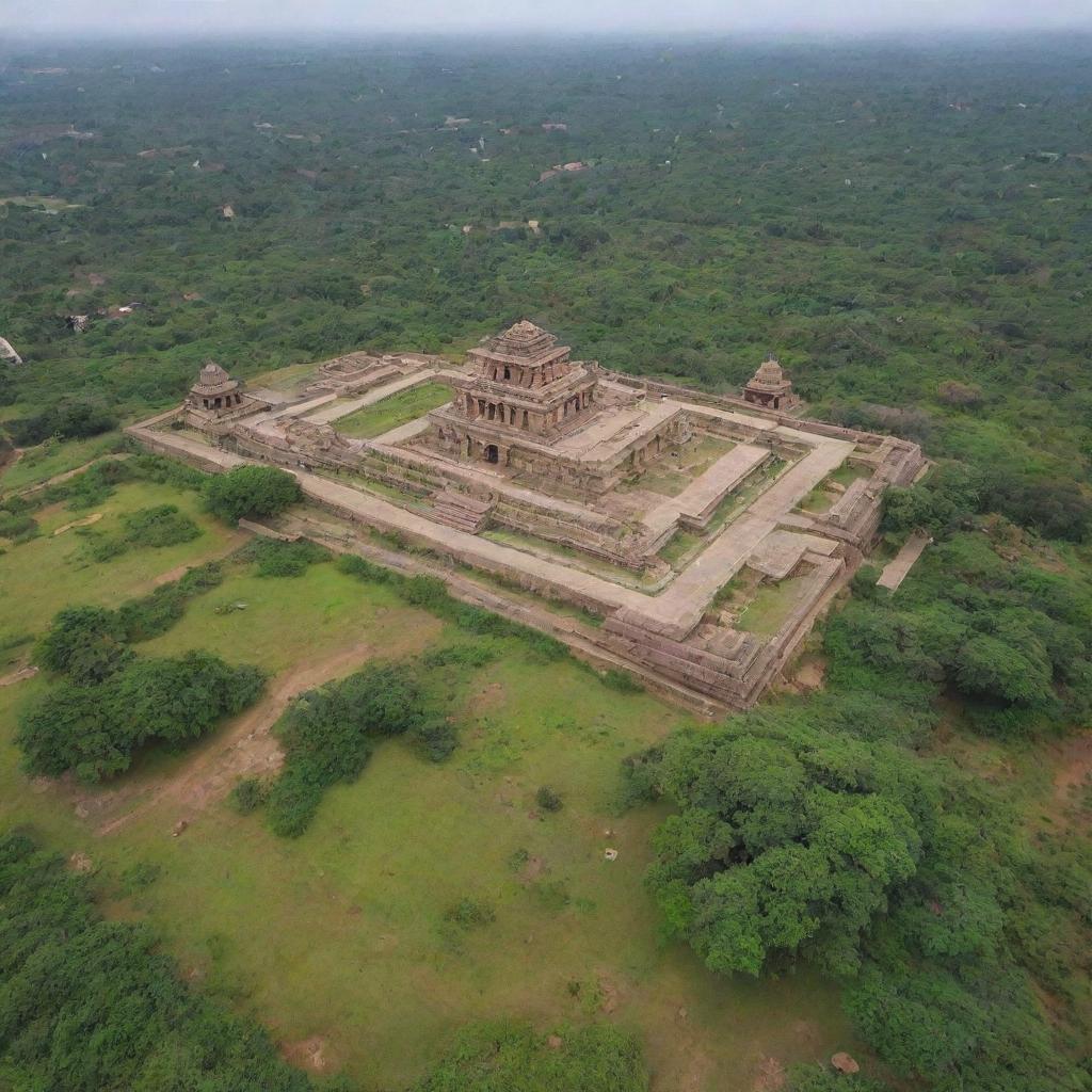 Arial view of Kishkinda, Hampi, showcasing its ancient structures amidst lush greenery