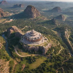 Aerial view of Kishkindha, the birthplace of Hanuman, featuring majestic mountains, a winding river and an ancient kingdom, with the ambiance of the sacred location Hampi.