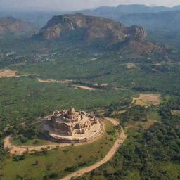 Aerial view of Kishkindha, the birthplace of Hanuman, featuring majestic mountains, a winding river and an ancient kingdom, with the ambiance of the sacred location Hampi.