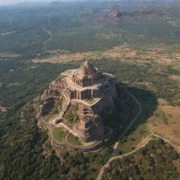 Aerial view of Kishkindha, the birthplace of Hanuman, featuring majestic mountains, a winding river and an ancient kingdom, with the ambiance of the sacred location Hampi.