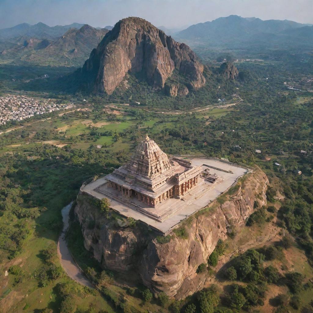 Aerial view of Kishkindha, the birthplace of Hanuman, featuring majestic mountains, a winding river and an ancient kingdom, with the ambiance of the sacred location Hampi.