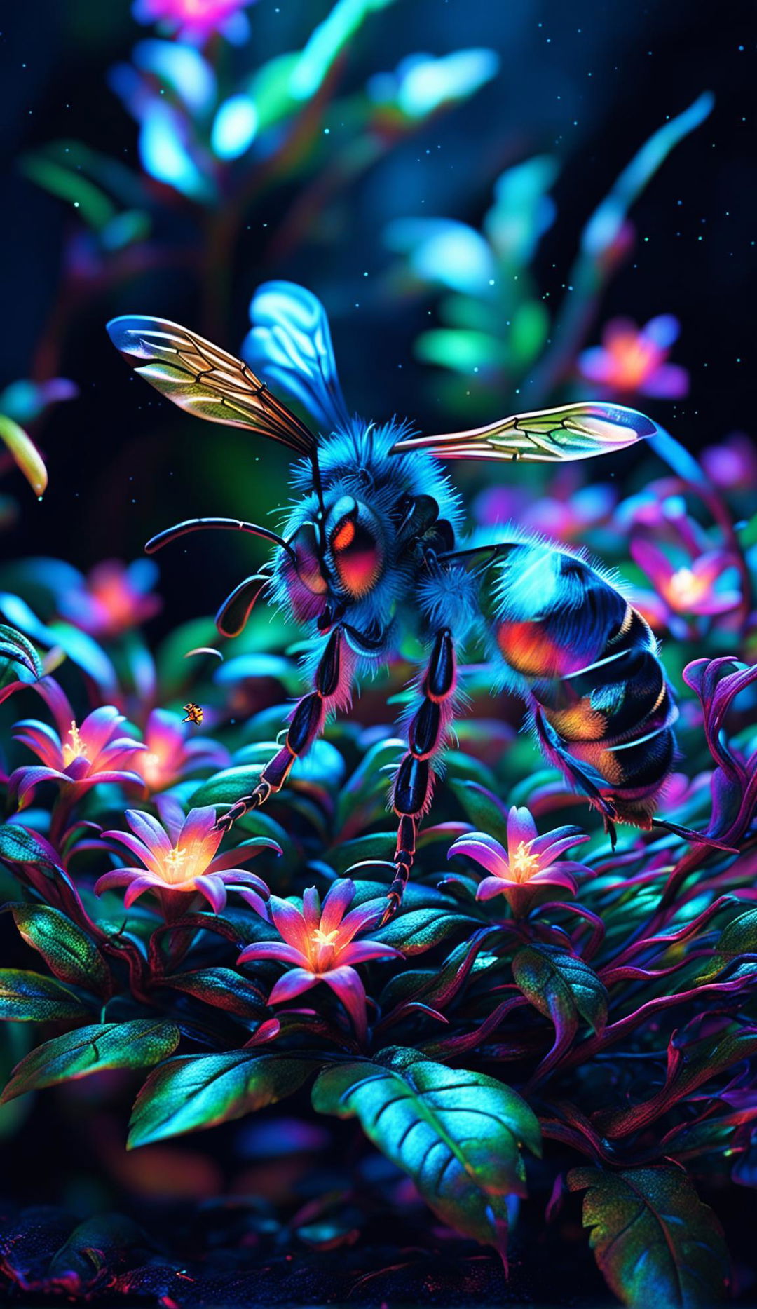 A digital art piece featuring a bioluminescent bee glowing in neon blues and greens, hovering over luminescent exotic flowers in a mystical forest.