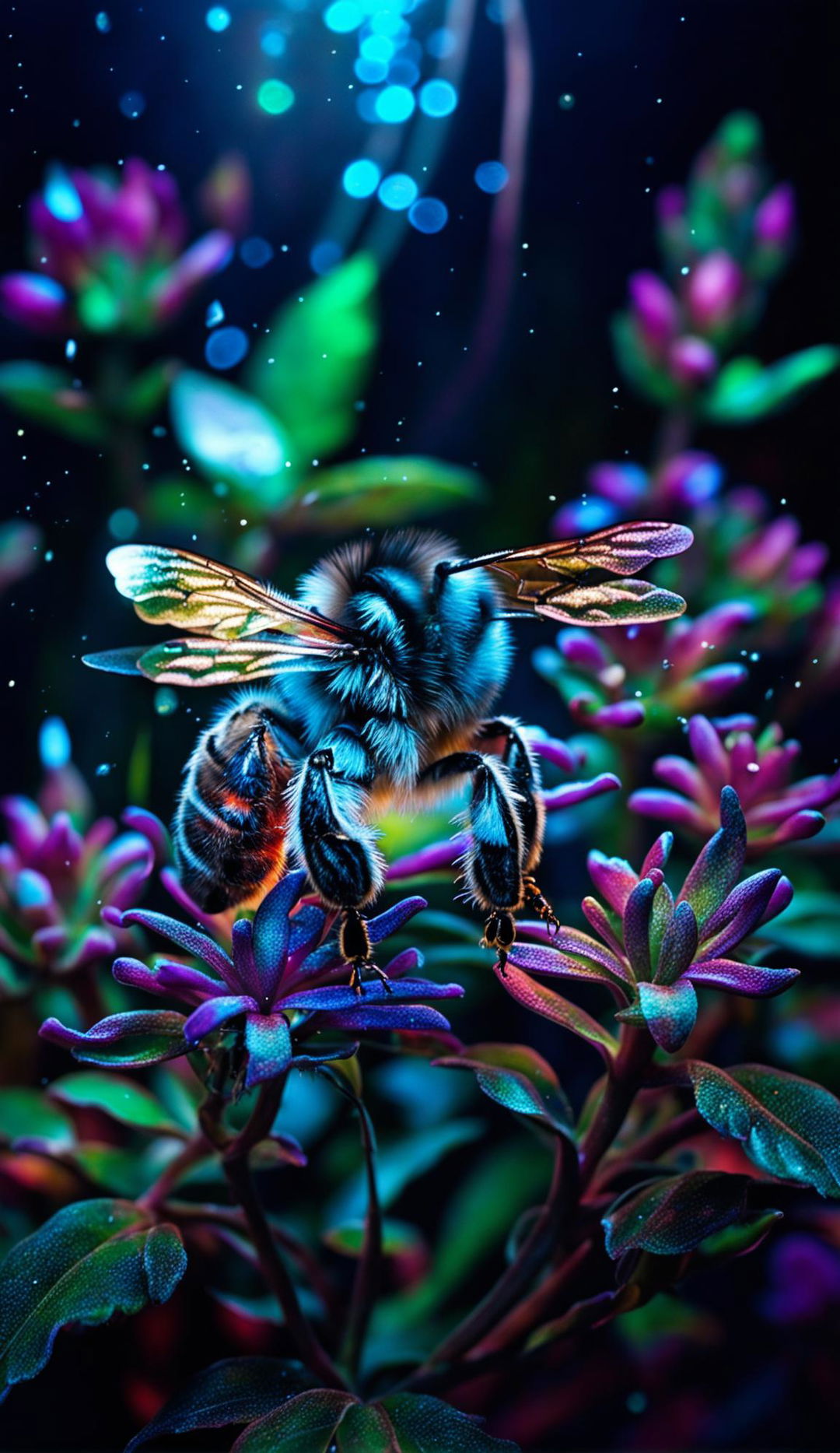 A Pulitzer Prize-winning style photograph featuring a bioluminescent bumblebee glowing in neon blues and greens, hovering over luminescent exotic flowers in a mystical forest.