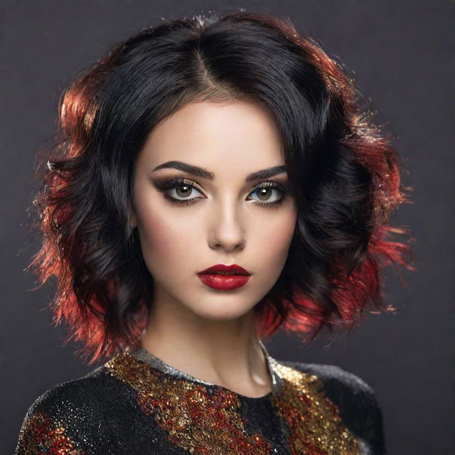 A striking girl with hair in shimmering shades of black and silver and unique eyes, a fascinating blend of vibrant red and glowing gold.