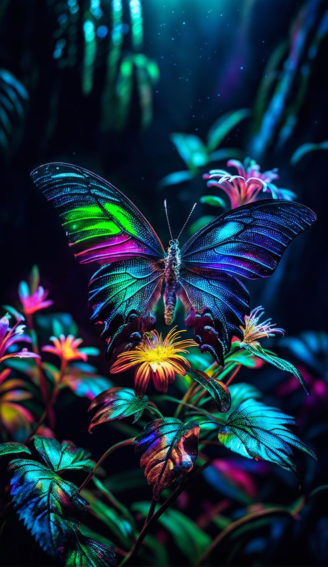 A Pulitzer Prize-winning style photograph of a bioluminescent butterfly glowing in neon hues, perched on a luminescent exotic flower in a mystical forest.