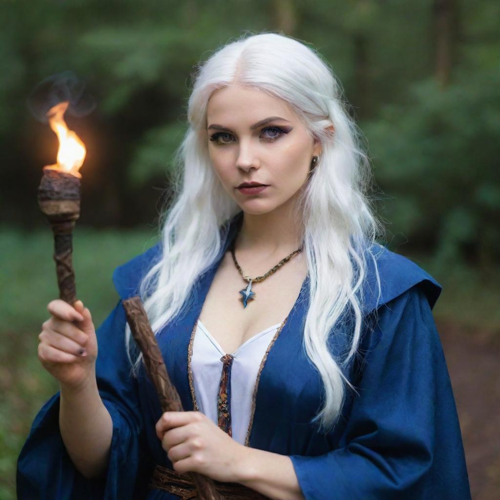 A girl with white hair, dressed as a sorceress, holding a magicka staff