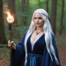 A girl with white hair, dressed as a sorceress, holding a magicka staff