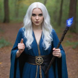 A girl with white hair, dressed as a sorceress, holding a magicka staff