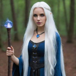 A girl with white hair, dressed as a sorceress, holding a magicka staff