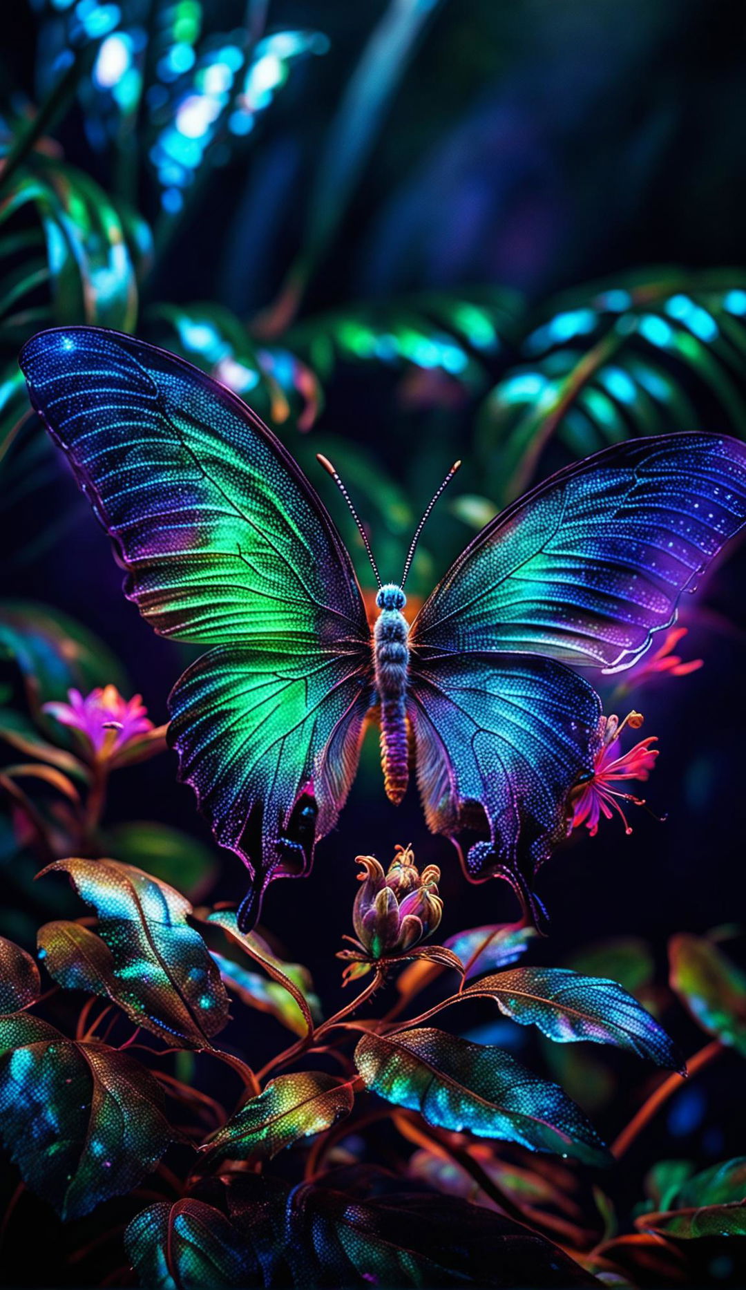 A Pulitzer Prize-winning style photograph of a bioluminescent butterfly with symmetrical, elaborate patterns on its wings, perched on a luminescent exotic flower in a mystical forest.