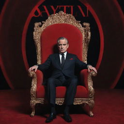 A man in a black suit seated in an extravagant chair, exuding mystery. The scene is dominated by bold red letters spelling 'SAYTAN' in the background, magnifying the enigma and intrigue.