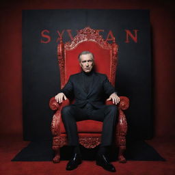 A man in a black suit seated in an extravagant chair, exuding mystery. The scene is dominated by bold red letters spelling 'SAYTAN' in the background, magnifying the enigma and intrigue.