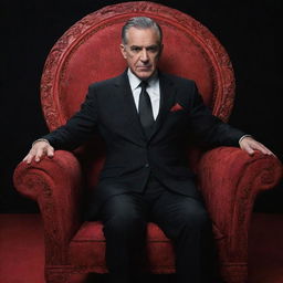 A man in a black suit seated in an extravagant chair, exuding mystery. The scene is dominated by bold red letters spelling 'SAYTAN' in the background, magnifying the enigma and intrigue.