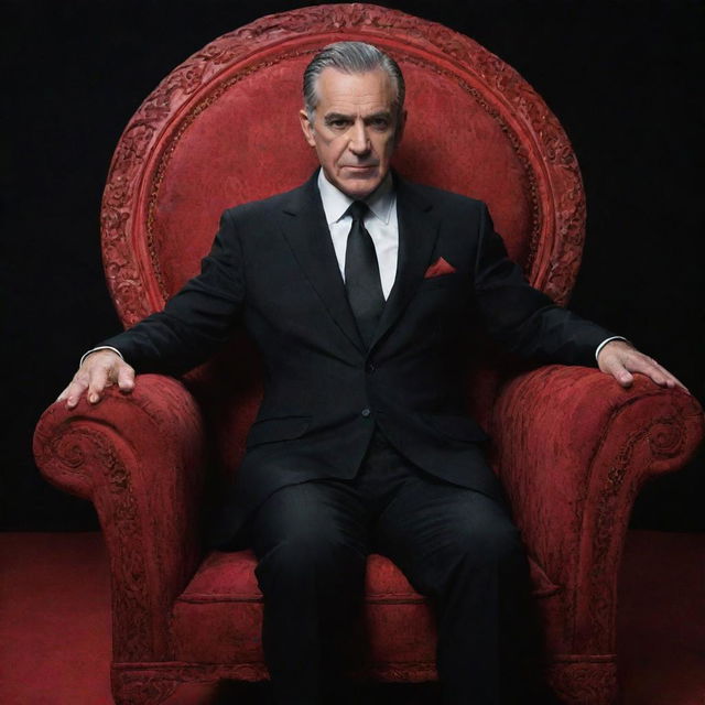 A man in a black suit seated in an extravagant chair, exuding mystery. The scene is dominated by bold red letters spelling 'SAYTAN' in the background, magnifying the enigma and intrigue.