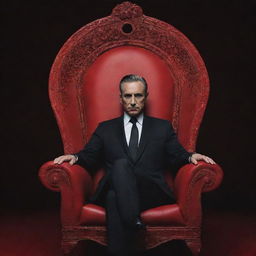 A man in a black suit seated in an extravagant chair, exuding mystery. The scene is dominated by bold red letters spelling 'SAYTAN' in the background, magnifying the enigma and intrigue.