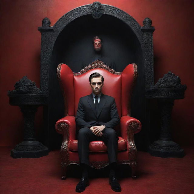 A young man in a black suit seated in an extraordinary chair, surrounded by a mysterious ambiance. Contribute to the atmosphere by incorporating 'SAYTAN' in bold red letters in the background, enhancing the scene's enigma and intrigue.