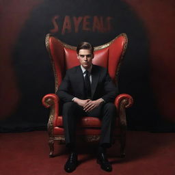 A young man in a black suit seated in an extraordinary chair, surrounded by a mysterious ambiance. Contribute to the atmosphere by incorporating 'SAYTAN' in bold red letters in the background, enhancing the scene's enigma and intrigue.