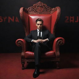 A young man in a black suit seated in an extraordinary chair, surrounded by a mysterious ambiance. Contribute to the atmosphere by incorporating 'SAYTAN' in bold red letters in the background, enhancing the scene's enigma and intrigue.